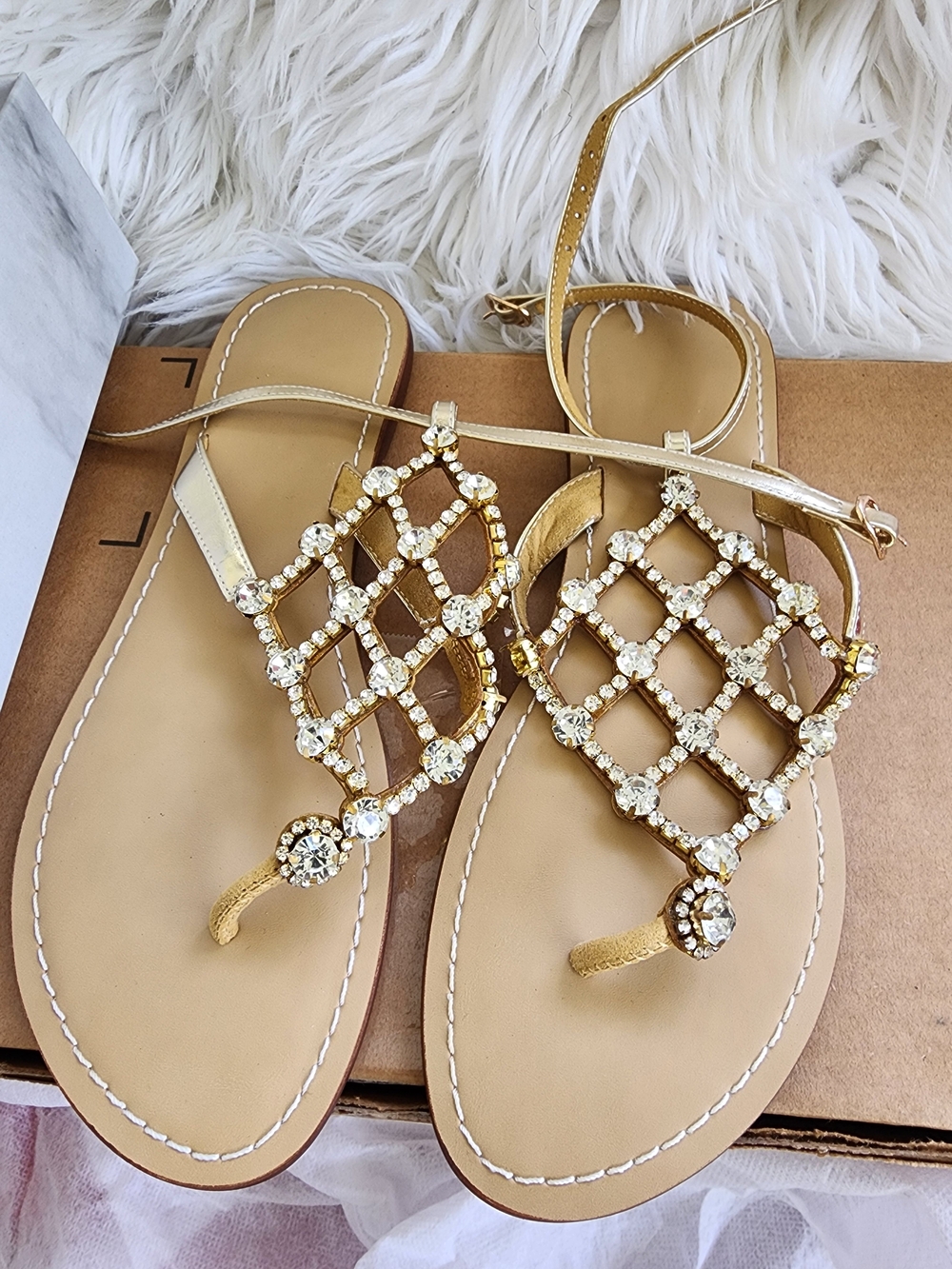 Gold Jeweled Lattice Toe-Post Sandals with Ankle Strap